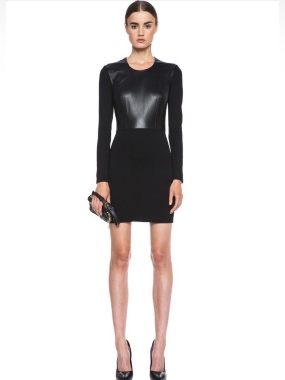 Helmut Lang Black Long-Sleeve Lamb Leather Panel Sheath Dress